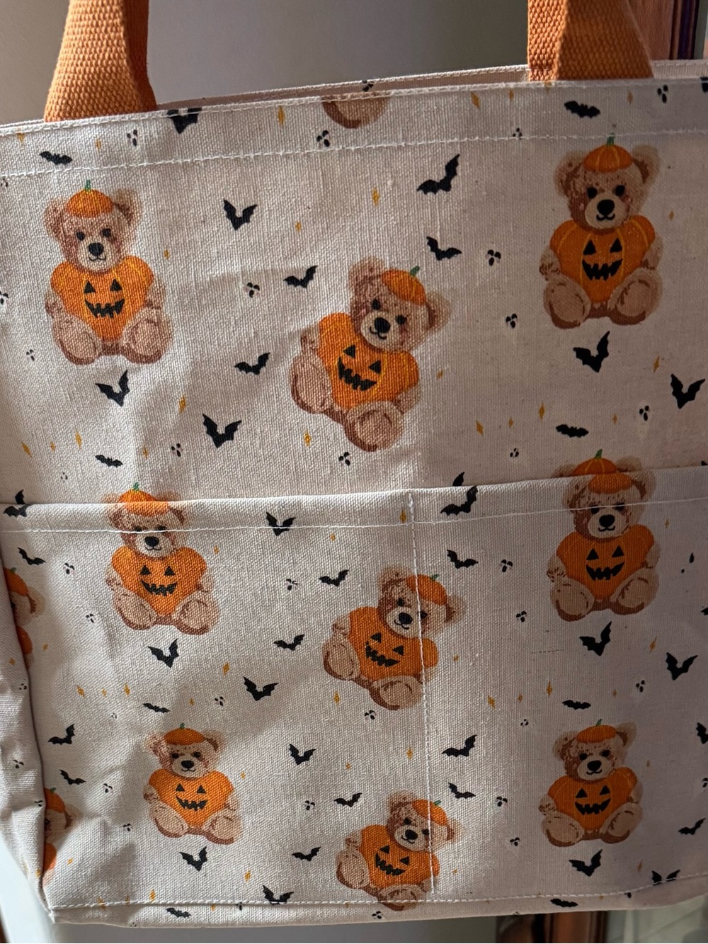 Halloween Teddy Pumpkin Canvas Tote in Orange and Cream